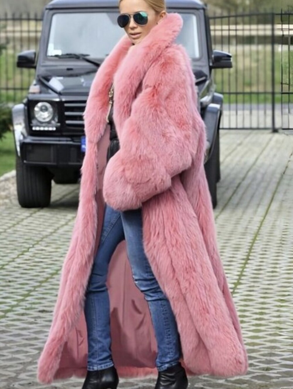 Pink Elegant Women's Long Collar Faux Fox Fur Coat - Picture 3 of 11